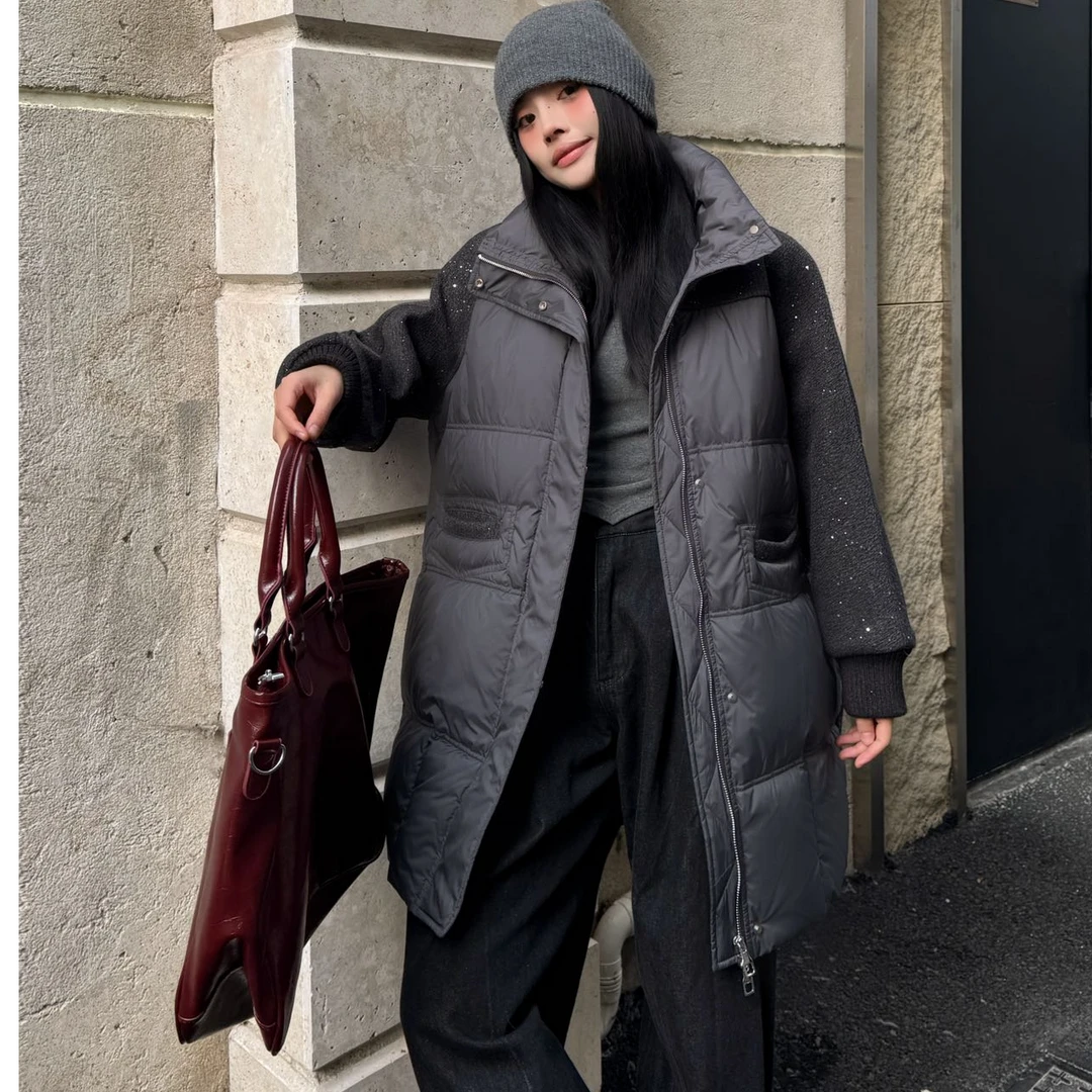 王姐专属-2024冬季立领满天星拼接毛呢中长款羽绒服【芷X-69115】