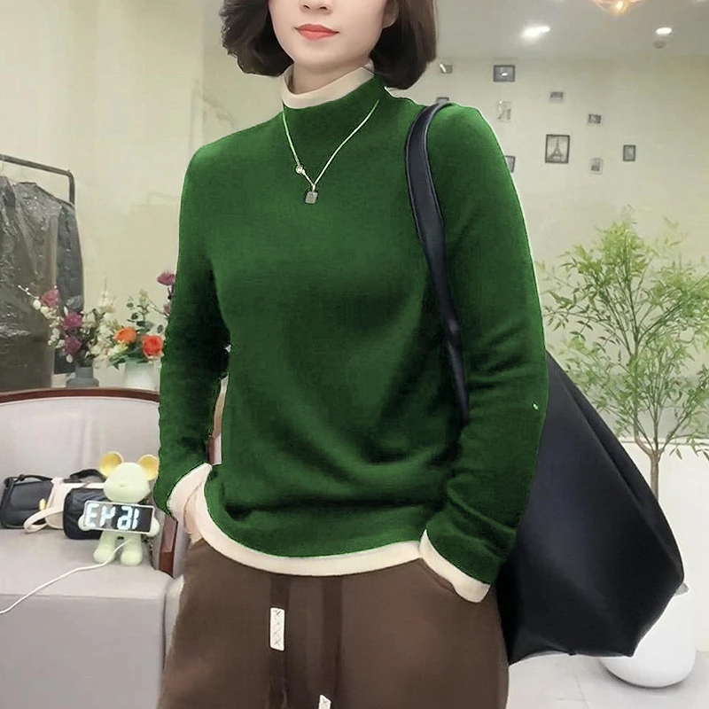 德绒拼色气质半高领时尚假两件打底衫女秋冬显瘦百搭长袖保暖上衣