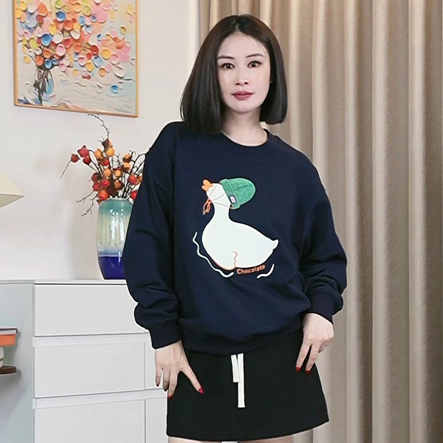 【绿帽鸭子】纯棉藏蓝色圆领卫衣女秋冬2025新款爆款宽松上衣