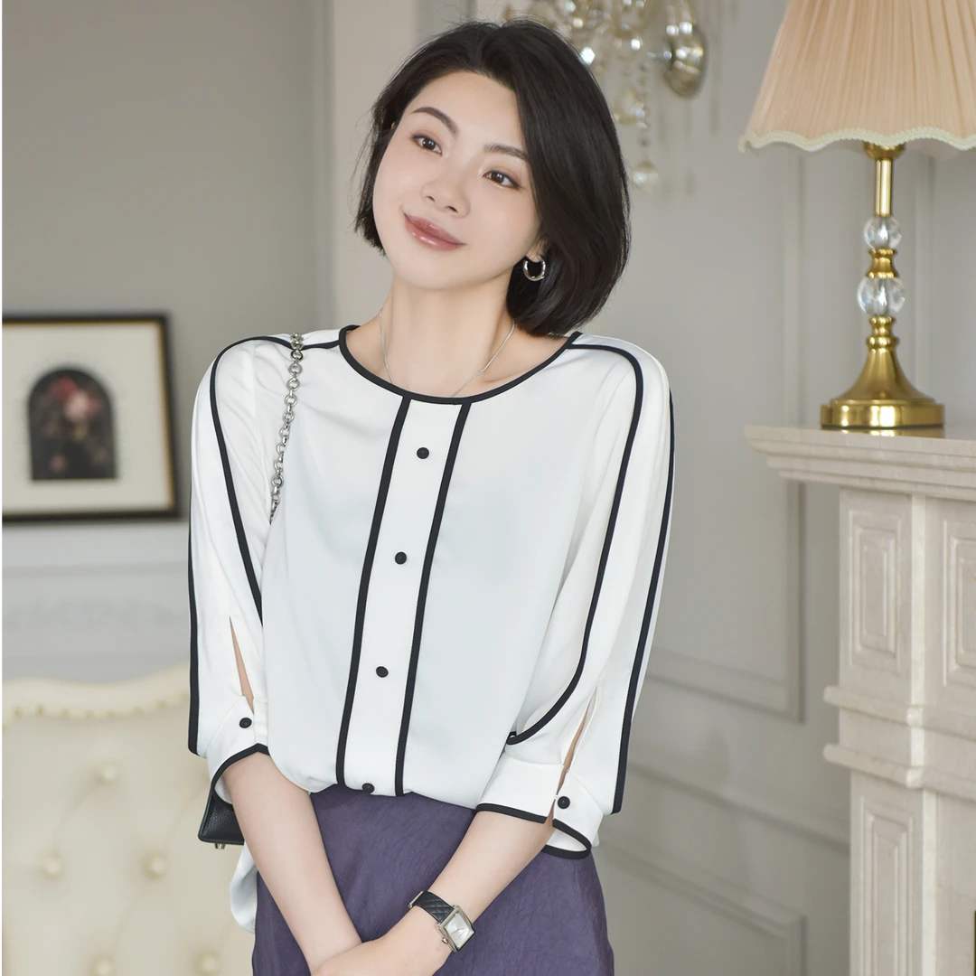 VEE【浪漫留白】25新款夏季时尚休闲百搭黑白撞色七分袖衬衫
