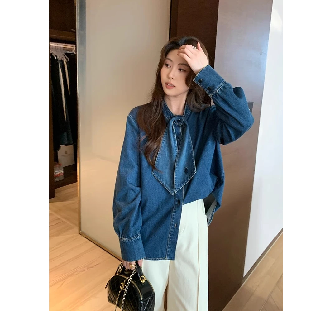 【现货秒发-NAZ微胖定制】韩系蝴蝶结飘带领牛仔衬衫