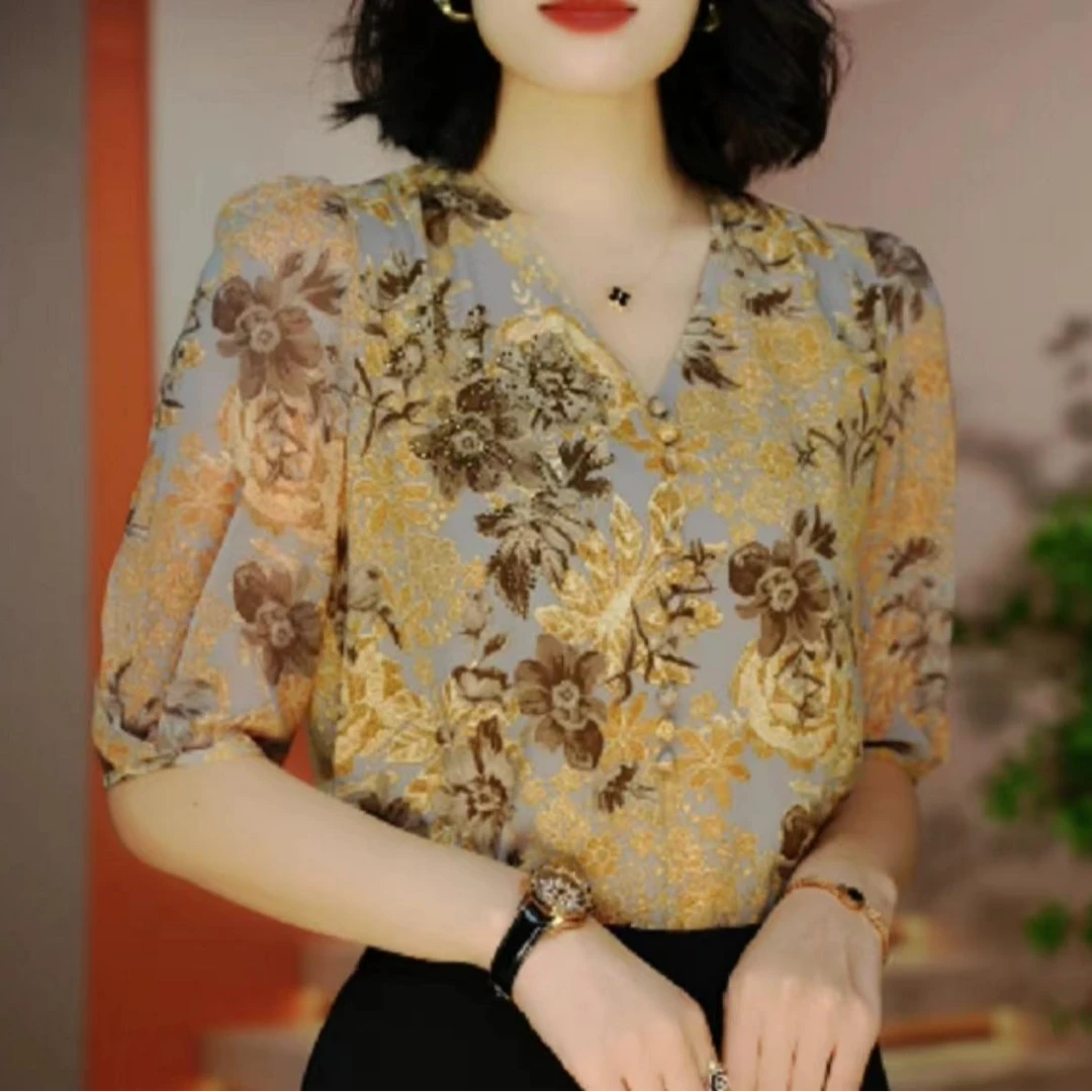 雪纺衫仙女漂亮碎花衬衫精美气质高端时尚小衫洋气舒适亲肤W381