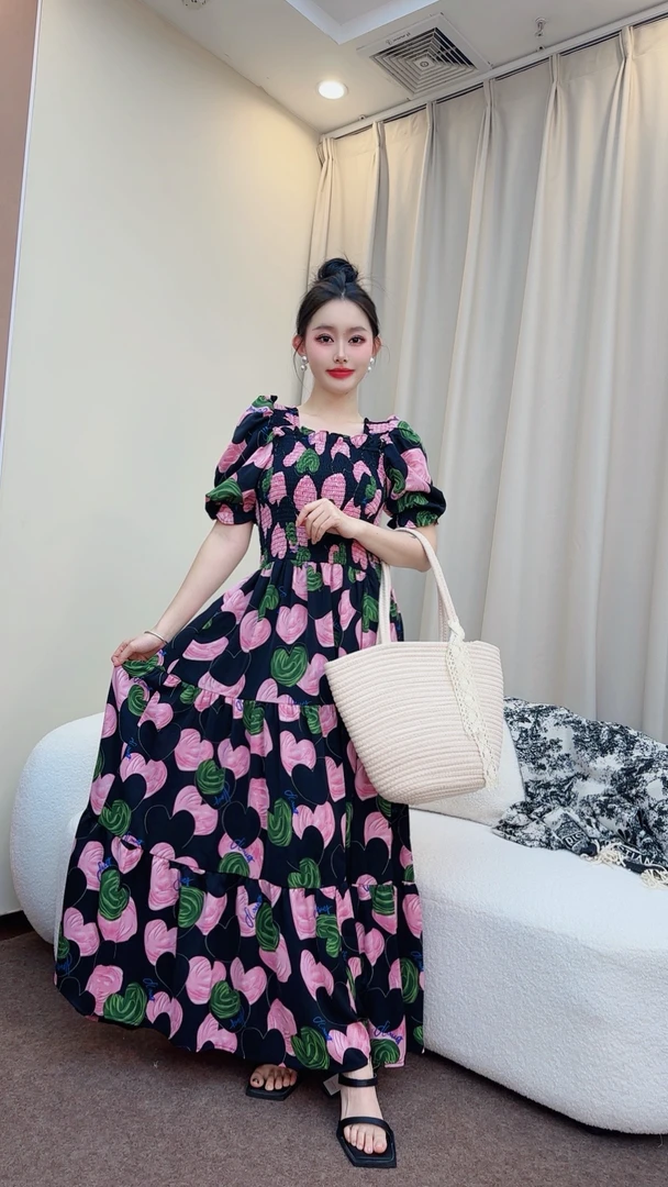 【891】新款气质收腰泡泡袖一字肩印花碎花夏季修身连衣裙长款长裙