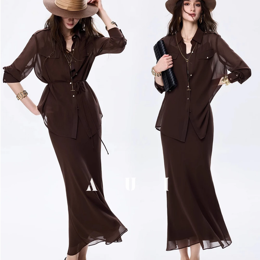 aui时尚洋气雪纺衬衫显瘦休闲女秋季包臀鱼尾半身裙套装25X050044