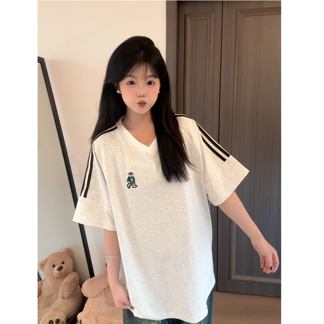 【HandSeven】夏季凉感重磅三条杠设计感刺绣韩版宽松百搭上衣T恤