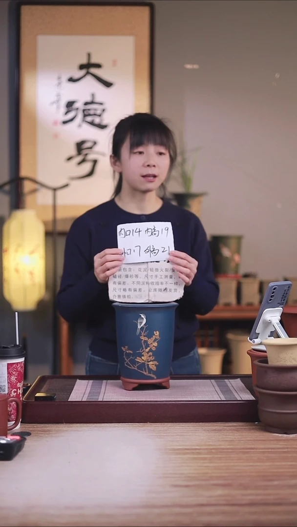 紫砂花盆瑕疵粉浆绘叶子鸟圆盆一只无托