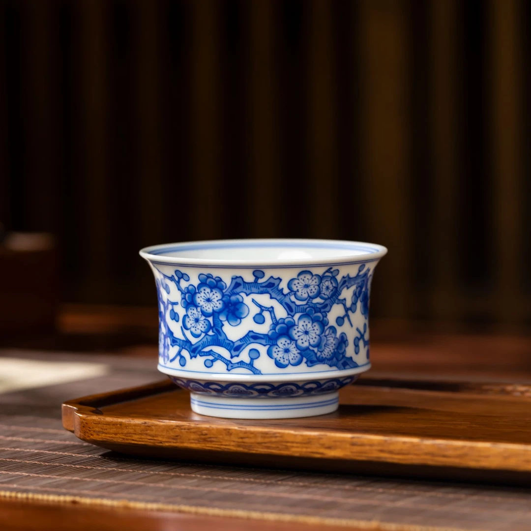 〖瑶瑶甄选〗铭清堂青花满梅马蹄杯精工手绘景德镇高端茶器中式复古