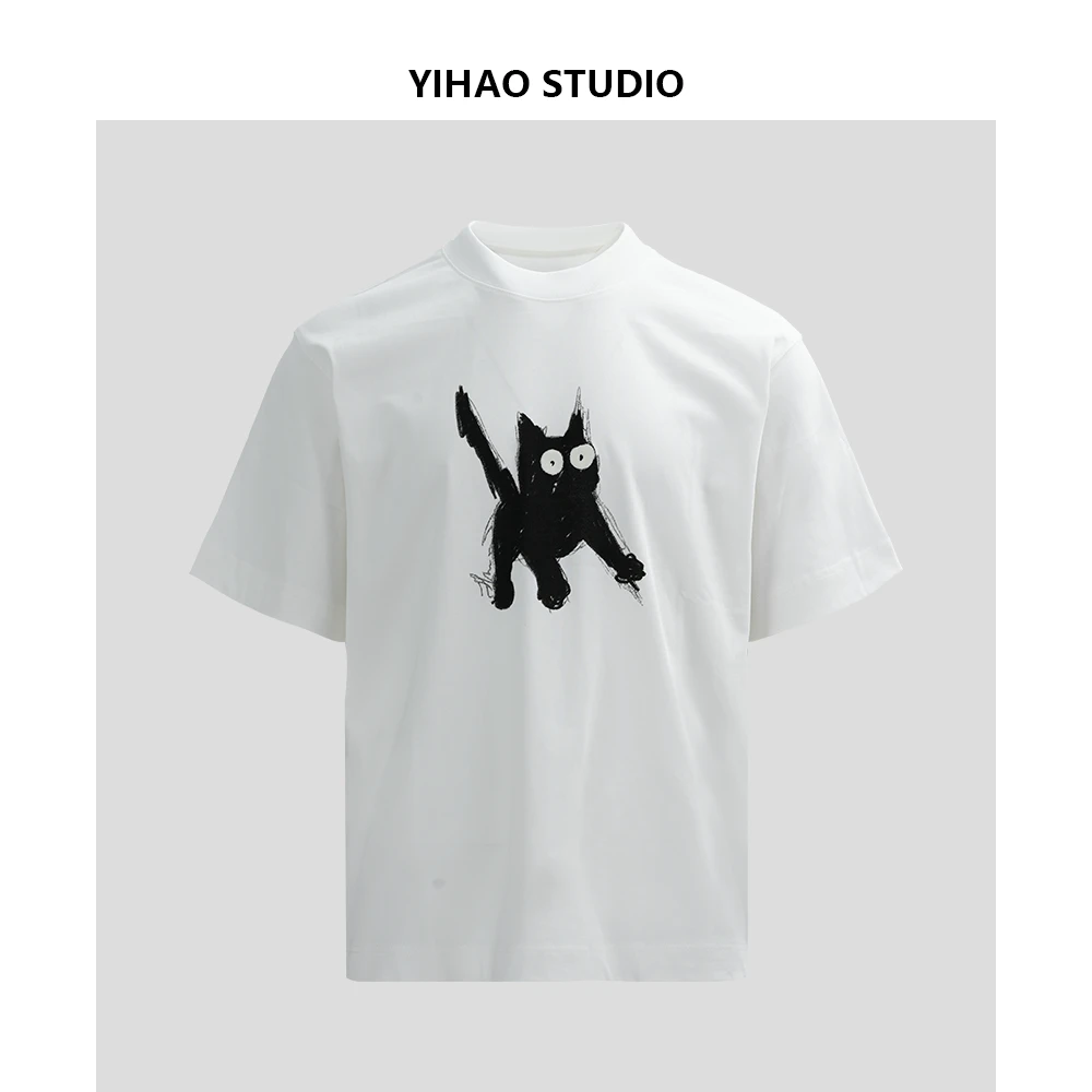 YIHAO STUDIO夏季新款男士纯棉小猫T恤潮流百搭时尚宽松圆领短袖