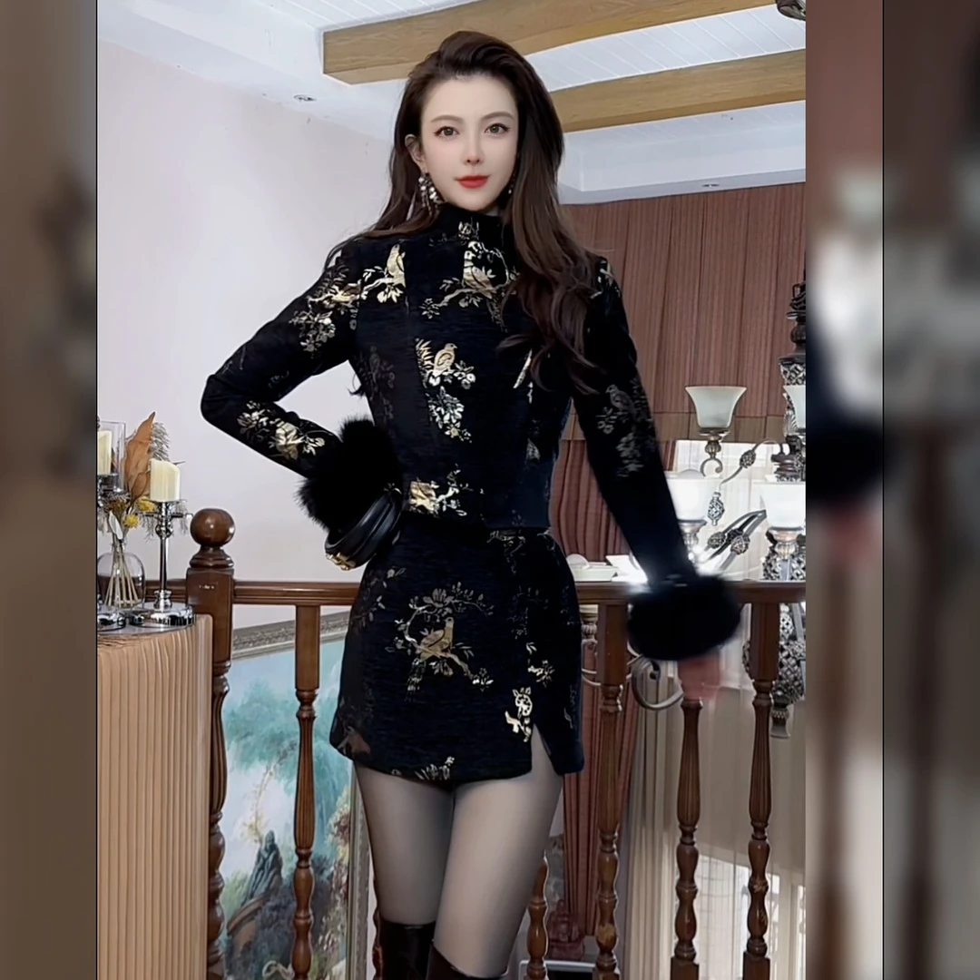 【鎏金晚宴】金色提花网红时尚中国风加棉套装 TZ-2658