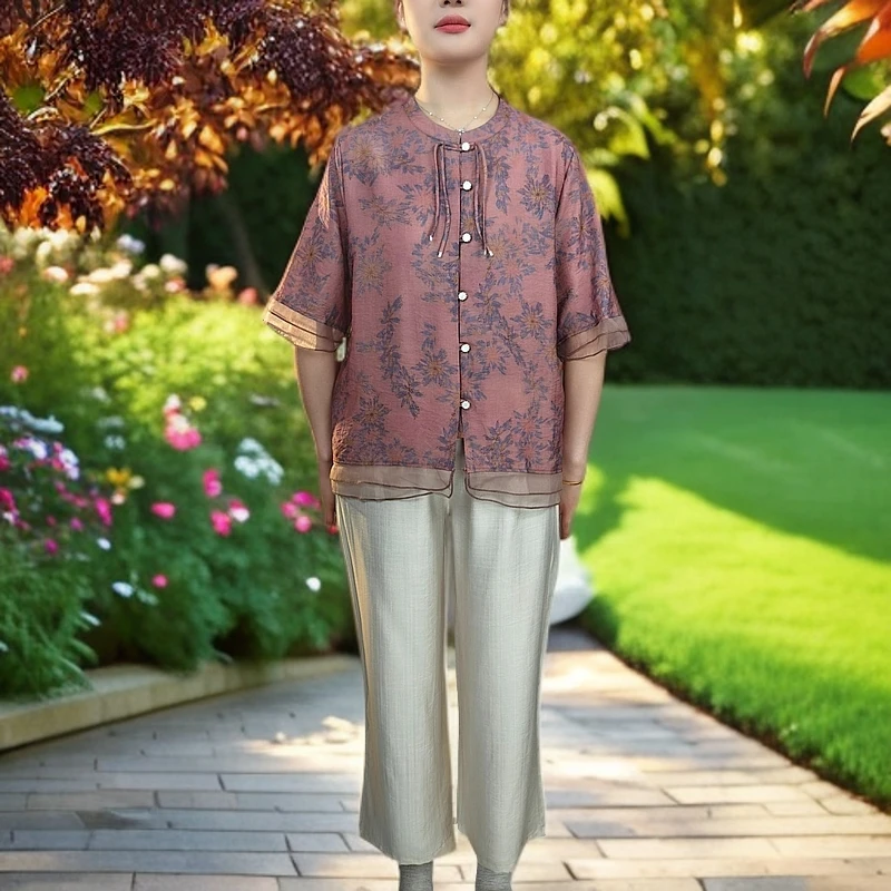 8844-夏季新款中老年轻薄透气凉爽妈妈装套装女B11-1-1