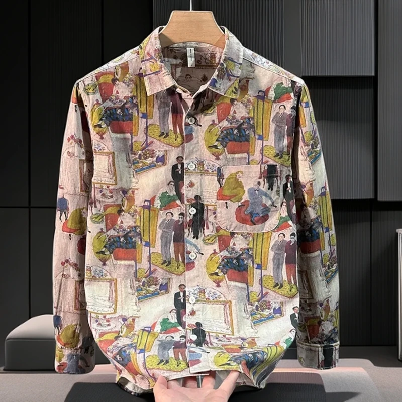 轻奢潮流卡通印花长袖衬衫男秋季新款百搭文艺休闲帅气宽松衬衣潮