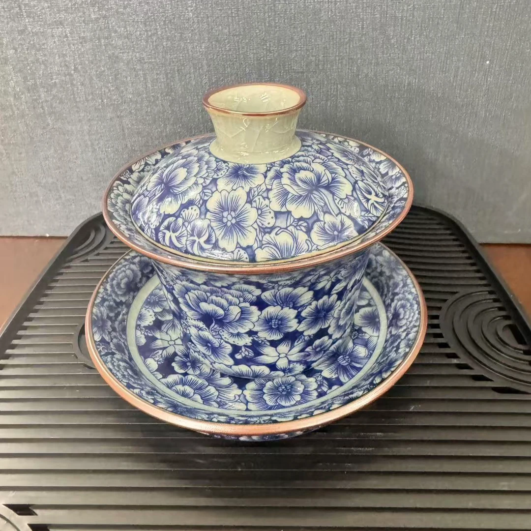 景德镇陶泥万花三才盖碗中国风家用盖碗壶承高端茶具高温烧制而成
