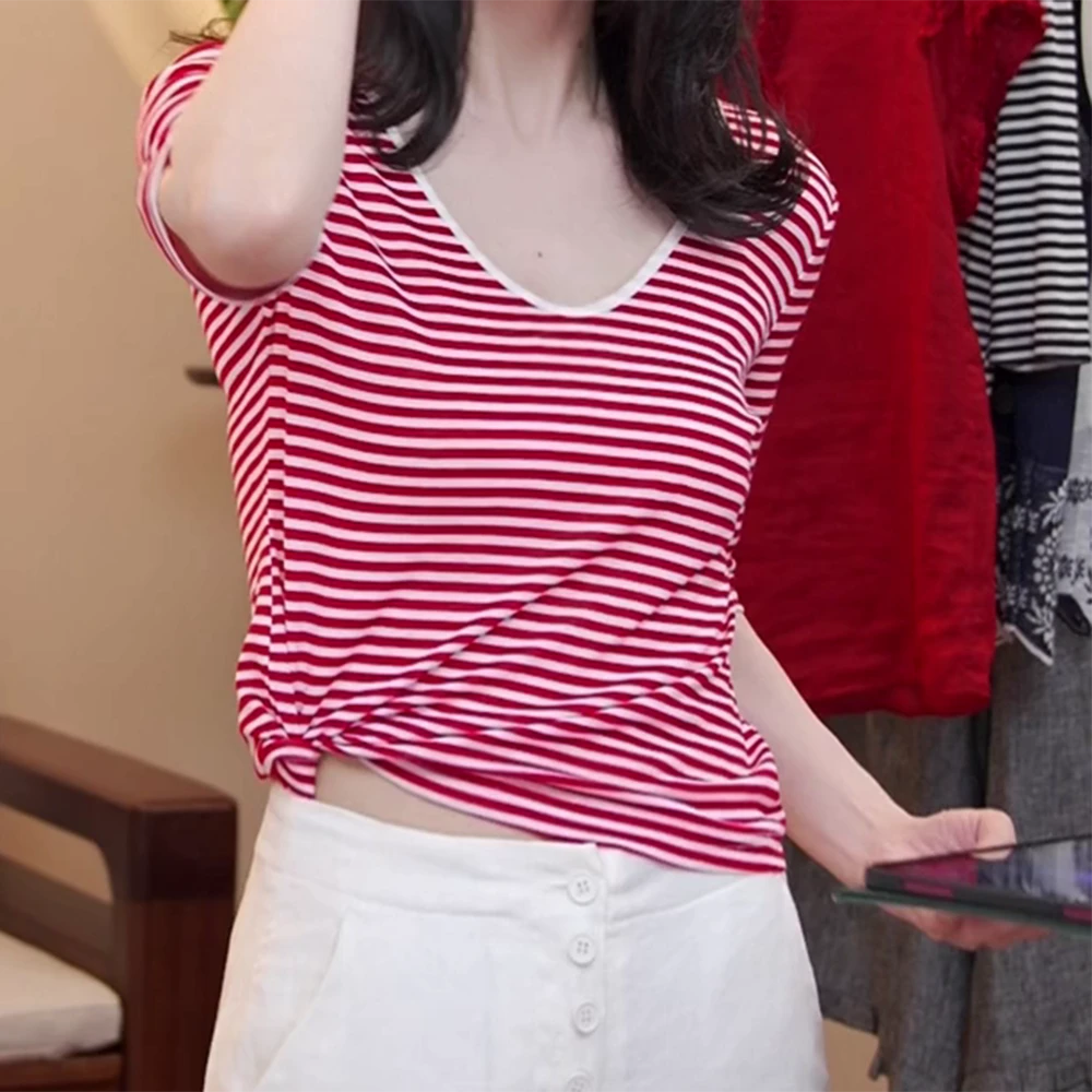2025夏季新款显瘦简约撞色条纹短袖上衣修身圆领韩版时尚百搭