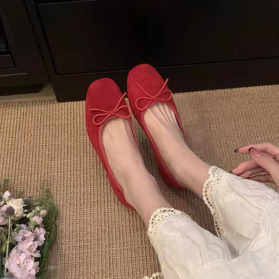 108-21蝴蝶结绒面浅口内增高芭蕾风单鞋温柔软底