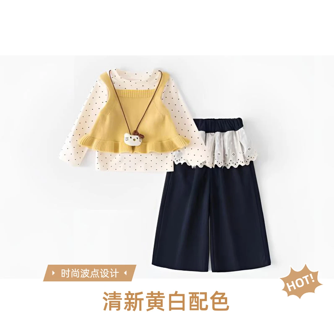 （三件套）春秋韩版圆点套头女套装裙子连衣裙针织洋气套装