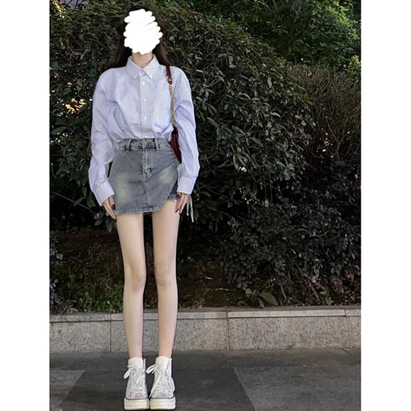 2025早秋新款女士韩系气质宽松百搭条纹衬衫高腰显瘦牛仔短裙裤