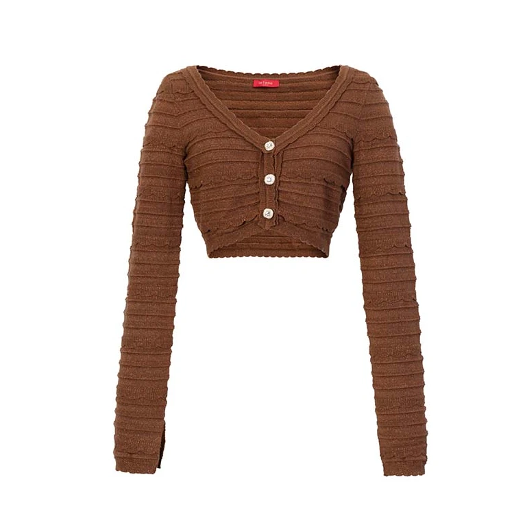 【粉丝专享】LE FAME/拉飞姆合体型深咖色花边针织短上衣