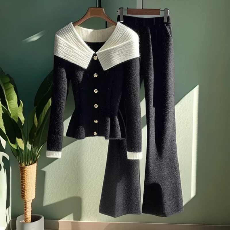 冬季穿搭一整套翻领毛衣高级感气质名媛高端小香风黑色阔腿裤套装