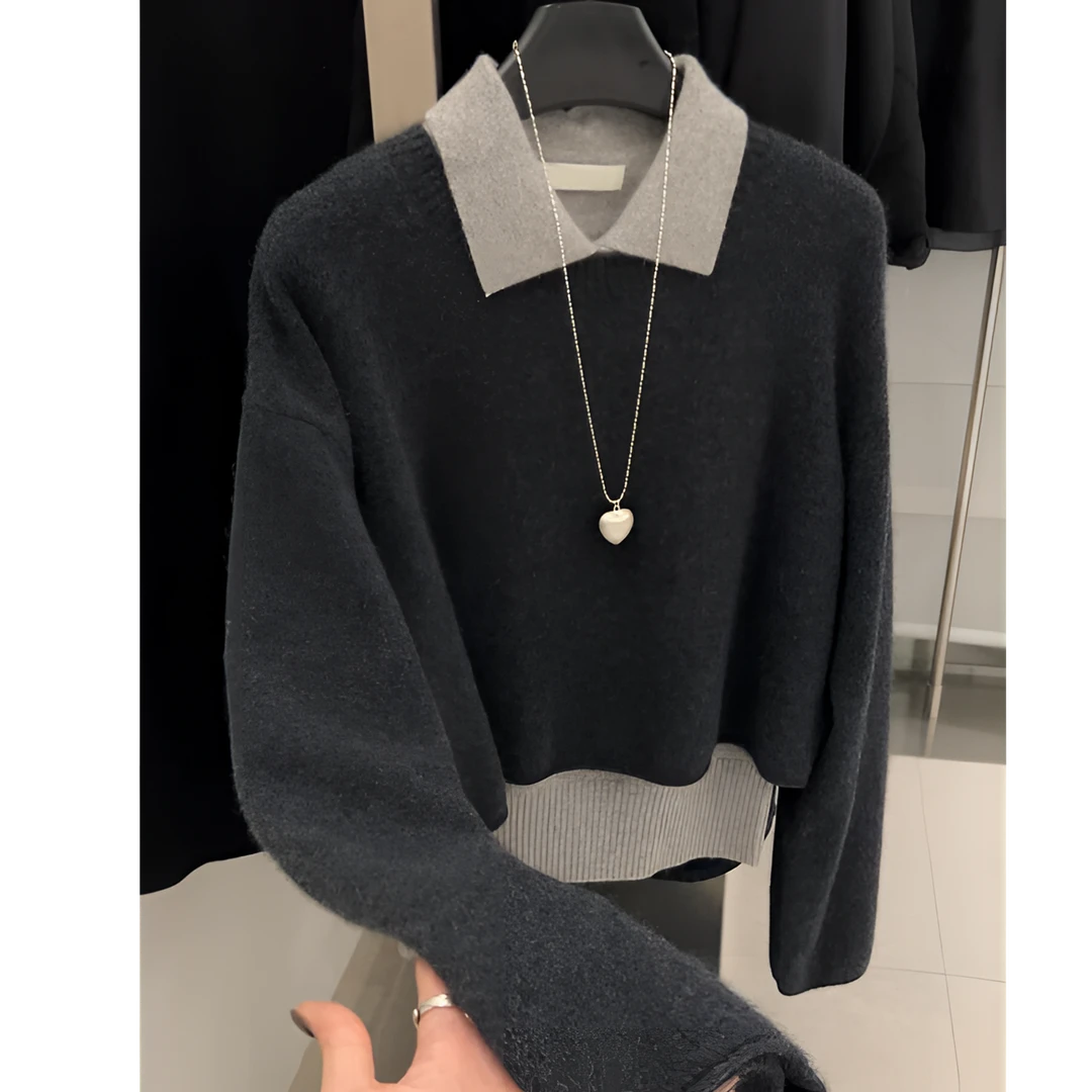 秋冬季新款慵懒感撞色减龄POLO领2025短款长袖背心叠穿两件套毛衣