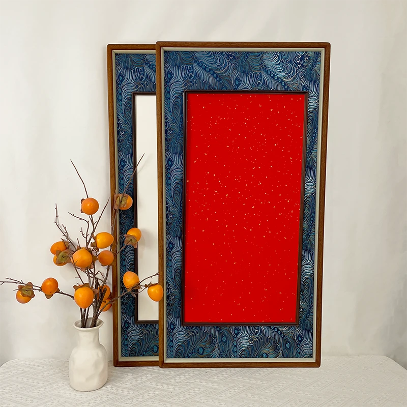 【 外框45*90 内框33*66】乌檀凤尾兰款锦布榫卯框中框