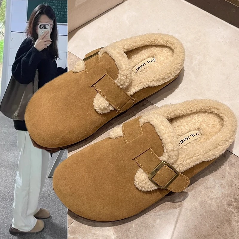 包头勃肯毛毛拖鞋女外穿加绒保暖一脚蹬网红秋冬季2025新款棉拖鞋