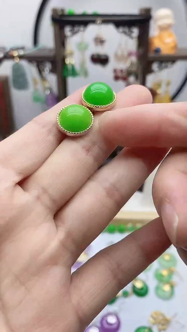 14K金镶嵌石英质玉（非洲翠）耳饰48