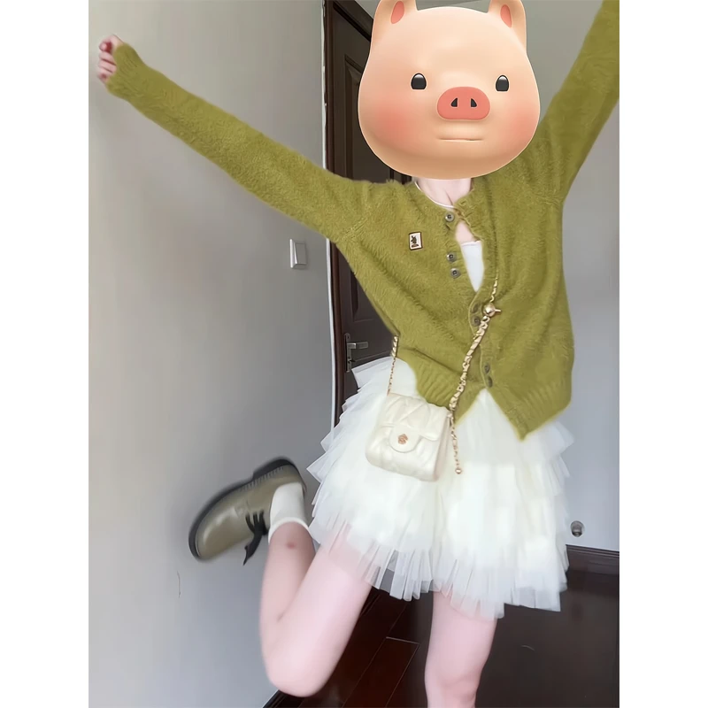 日系百搭正肩圆领开衫上衣外套蛋糕裙高腰蓬蓬短裙a字半身裙子女