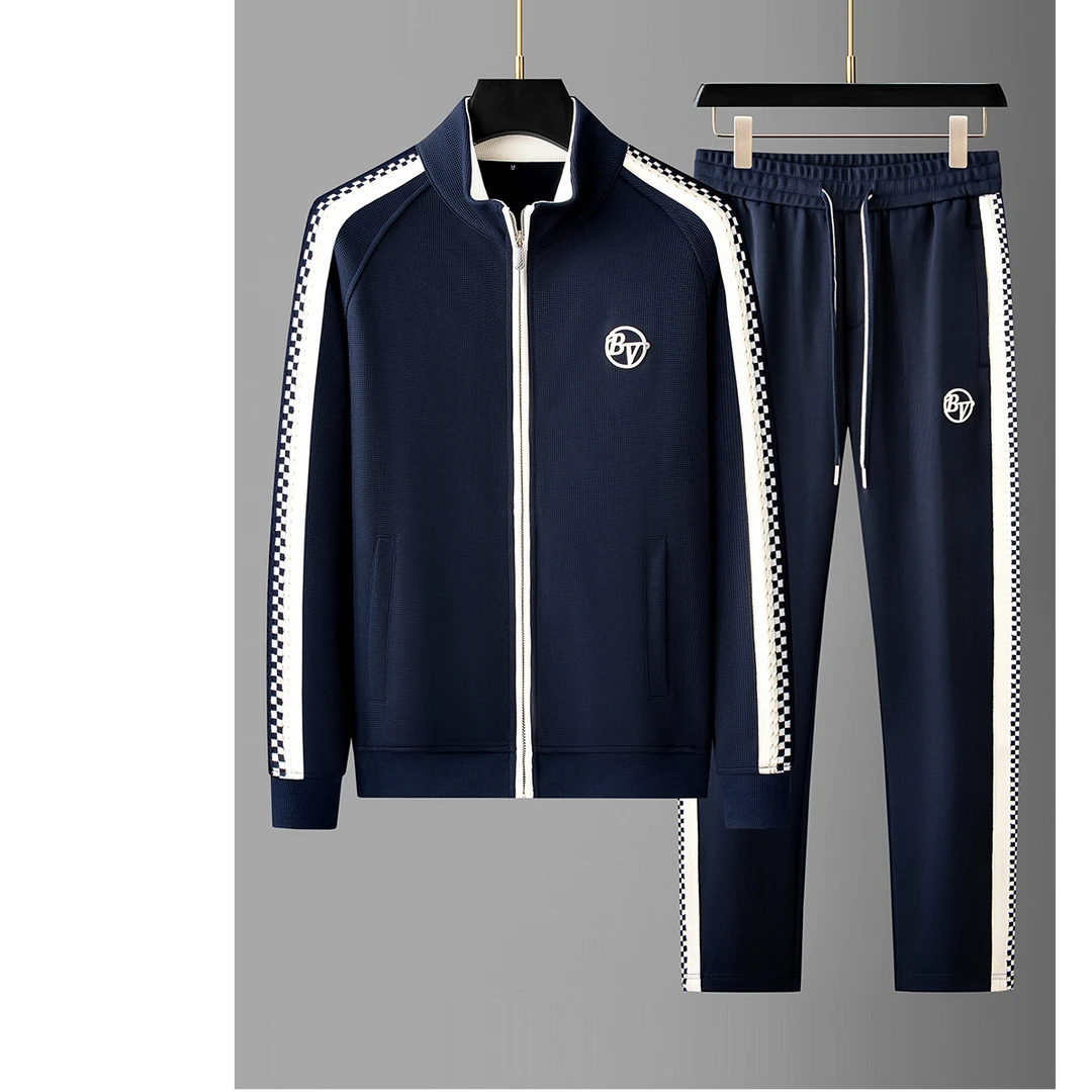 爱若摩根潮流华夫格纹开衫卫衣两件套撞色织带男士休闲运动套装男