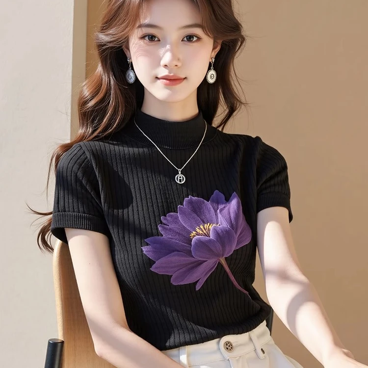 夏款黑色印花针织短袖新款修身显瘦花朵T恤高端奢华欧货洋气百搭