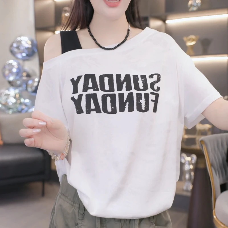 2025夏季新款时尚洋气短袖T恤休闲百搭气质宽松显瘦透气斜肩上衣