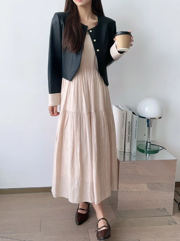 皮衣PU连衣裙套装女早春新款衣服气质高级感长裙两件套休闲时尚