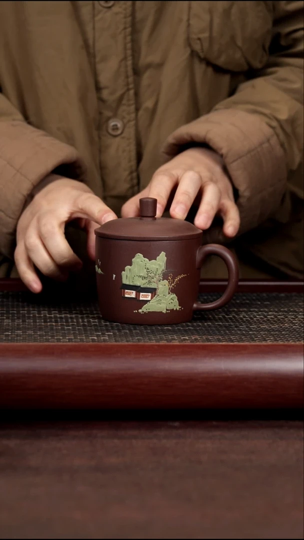 茶杯紫砂尾单280毫升泥绘山水无礼盒