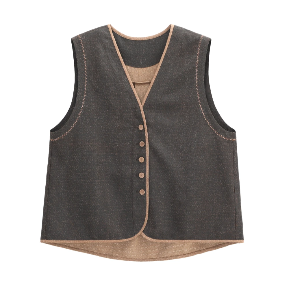 芹  新中式  风  679256  柞蚕丝 小方格原色马甲