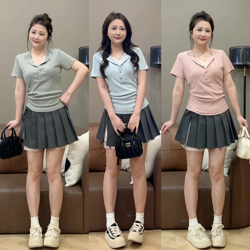 大码蕾丝拼接正肩短袖t恤女2025夏季胖mm显瘦独特超好看单穿上衣