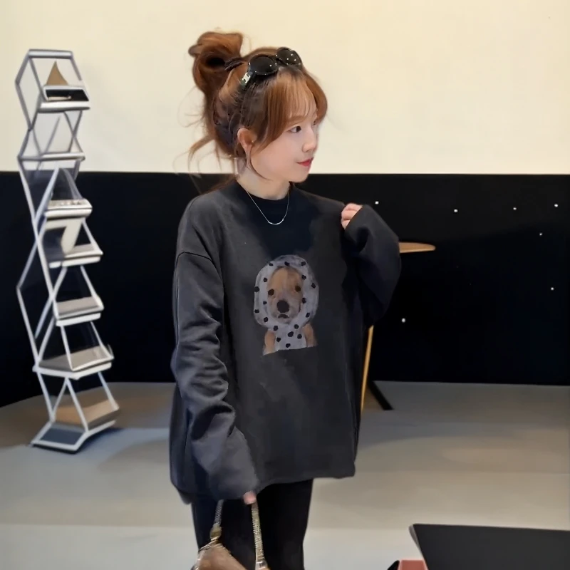 大码韩版灰色加绒加厚打底衫女2025秋冬新款宽松磨毛德绒t恤上衣