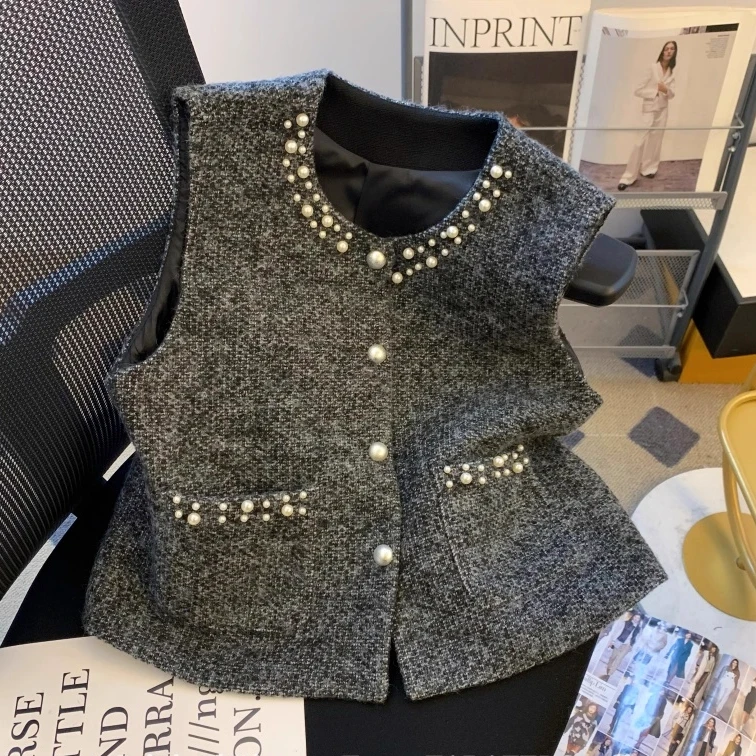 灰色重工钉珠小香风马甲女秋冬加厚粗花呢马夹开衫法式坎肩小上衣