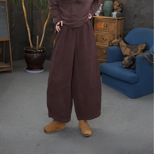【加绒休闲裤】阔腿裤做旧休闲风秋冬长裤休闲裤松紧腰厚款灯笼裤