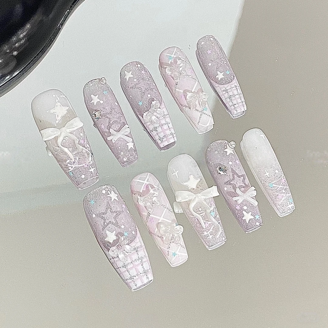 冰透紫星新款可爱少女风流苏蝴蝶结穿戴甲高级感显白格纹百搭美甲