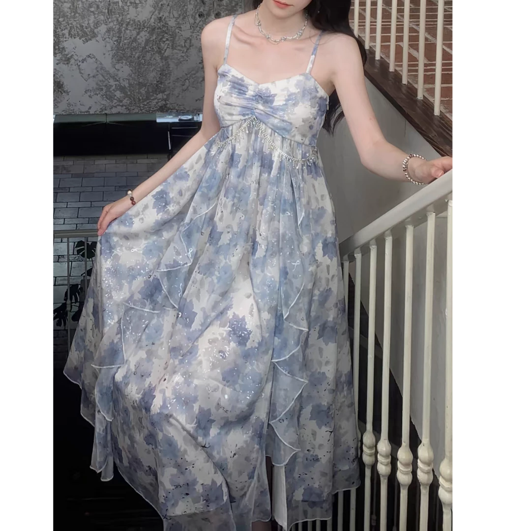 温婉气质高腰荷叶边闪片印花吊带裙连衣裙春季