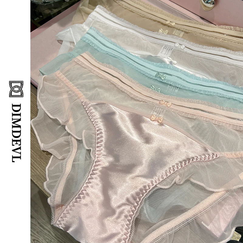 DIMDEVL/汀黛鎏光轻奢华尔缎舒适网纱蕾丝拼接三角裤中腰内裤棉裆