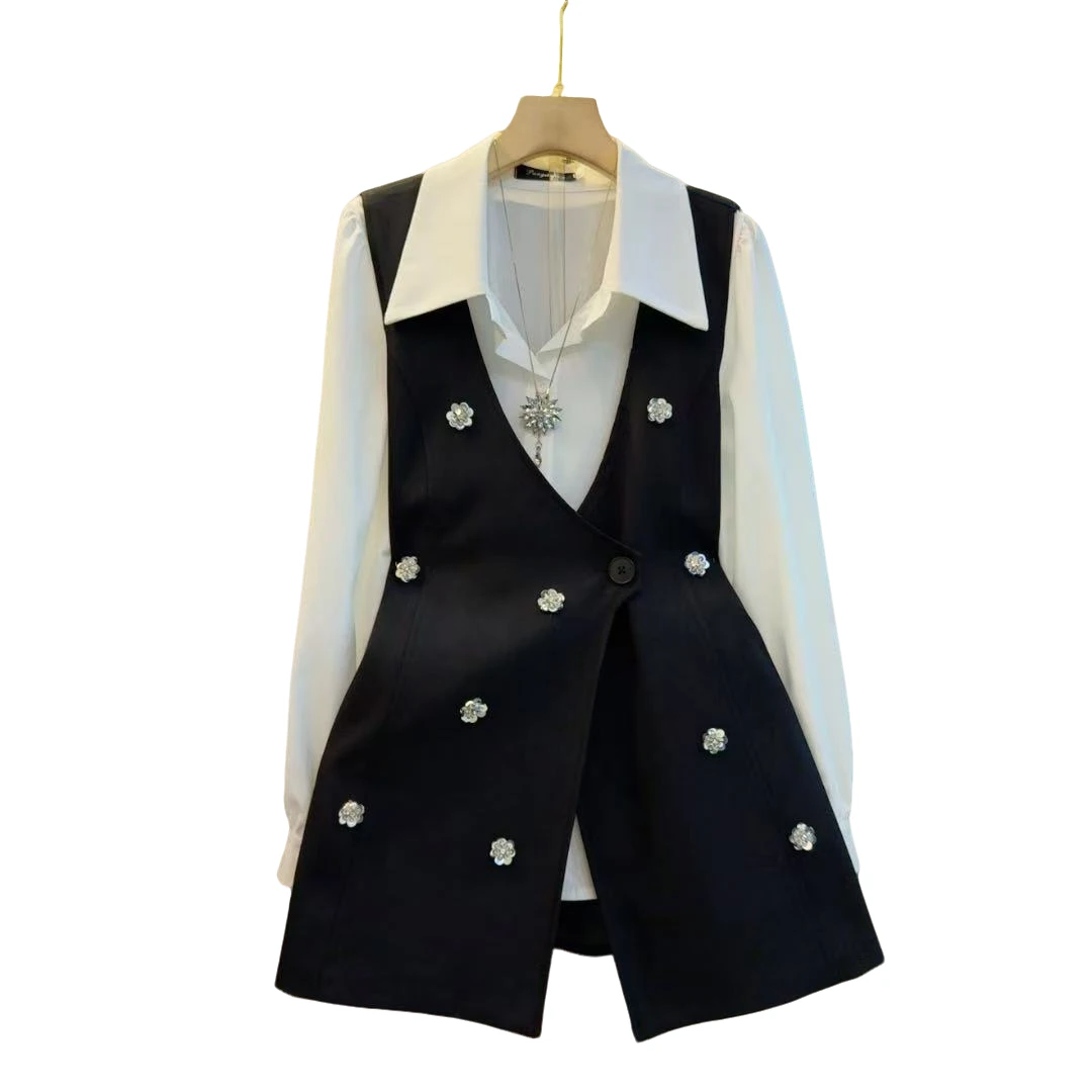 时尚轻奢百搭重工翻领衬衫百搭重工马甲两件套