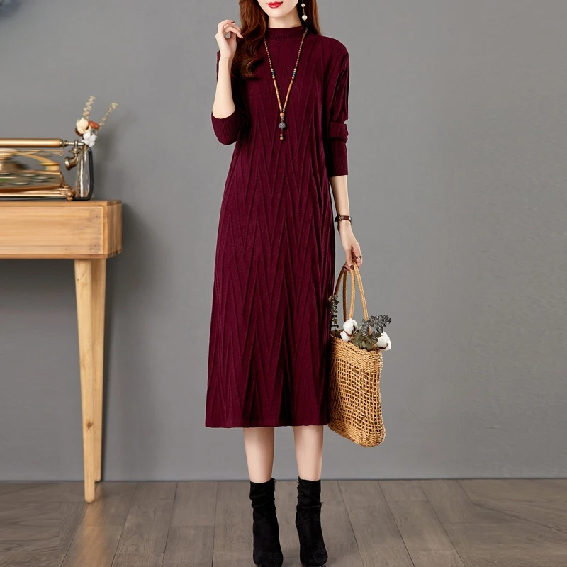 恒源祥集团彩羊羊毛衫女秋冬针织打底毛衣裙中长款时尚过膝显瘦连