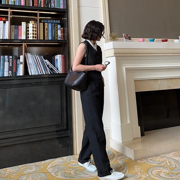 ZZ·DANGDANG100汉麻休闲时尚马甲阔腿裤套装女10124039