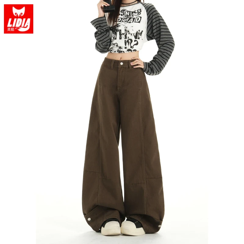 棕色美拉德阔腿牛仔裤女2025秋季新款设计感高腰显瘦百搭弯刀裤子