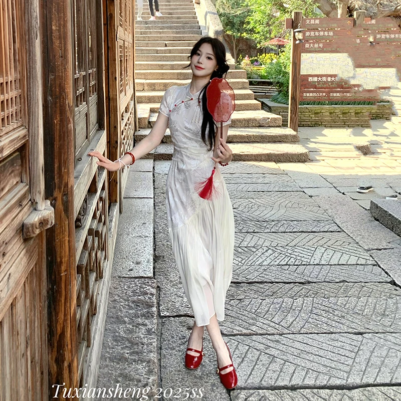兔仙生：清风明月 新中式国风连衣裙2025新款气质温柔风收腰长裙