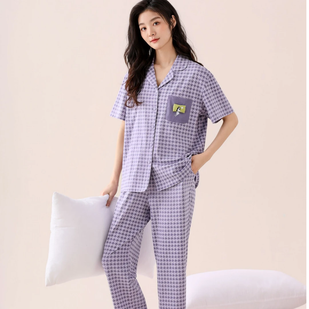 纯棉女千鸟格短袖夏季长裤睡衣家居服套装翻领宽松23100和23101
