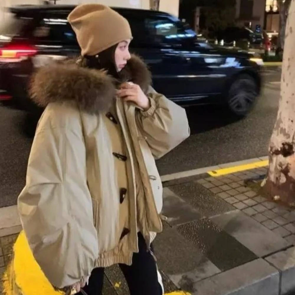 Y19856冬季新款牛角扣可拆卸大毛领女秋冬设计感保暖加绒加厚外套