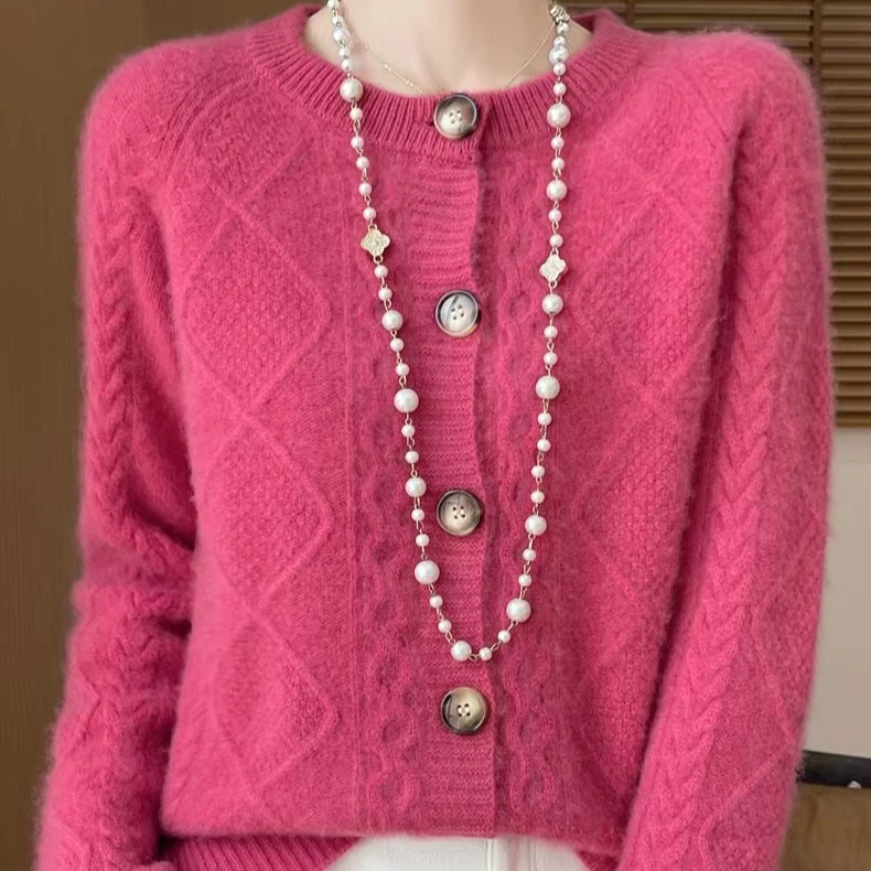 100纯羊毛加厚菱形七针开衫D232【清】