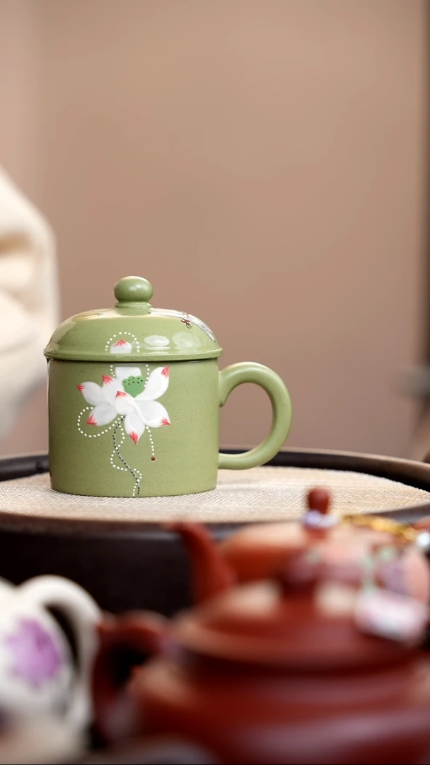 茶壶紫砂豆青砂盖杯彩荷