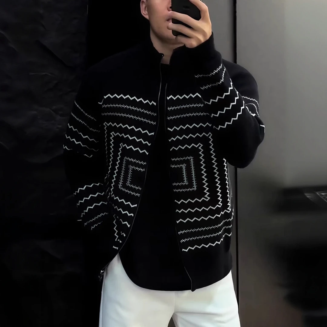 2025秋冬新款时尚潮牌轻奢设计感翻领针织开衫休闲百搭宽松毛衣男